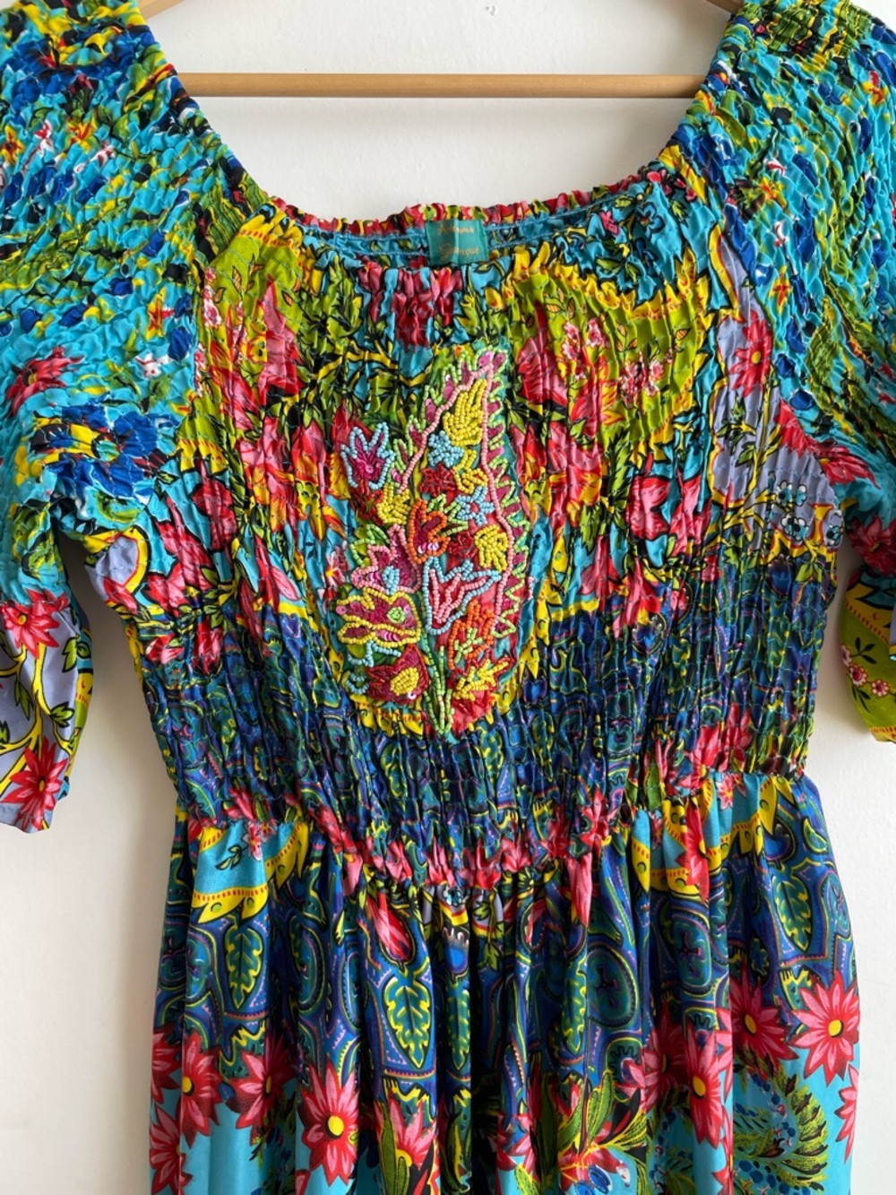 Antica Sartoria Floral Smocked Beaded Long Dress O/S Ruffle Colorful Italy Euro - Picture 3 of 9